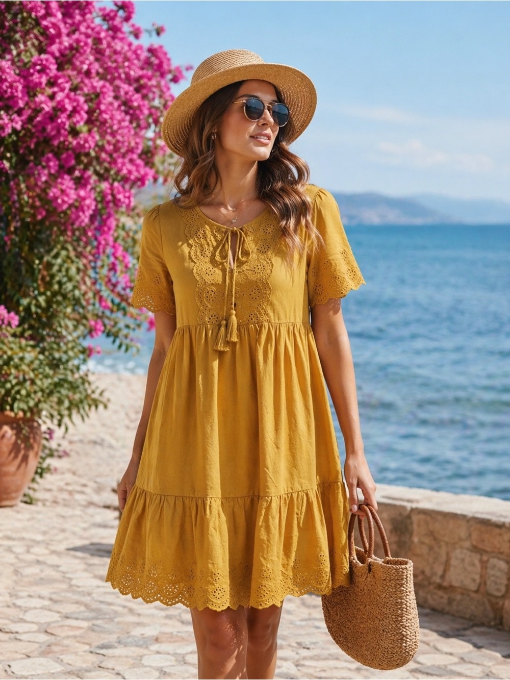 Knox Rose Mustard Yellow Eyelet Babydoll Dress XS Boho Cottagecore Peasant Dress